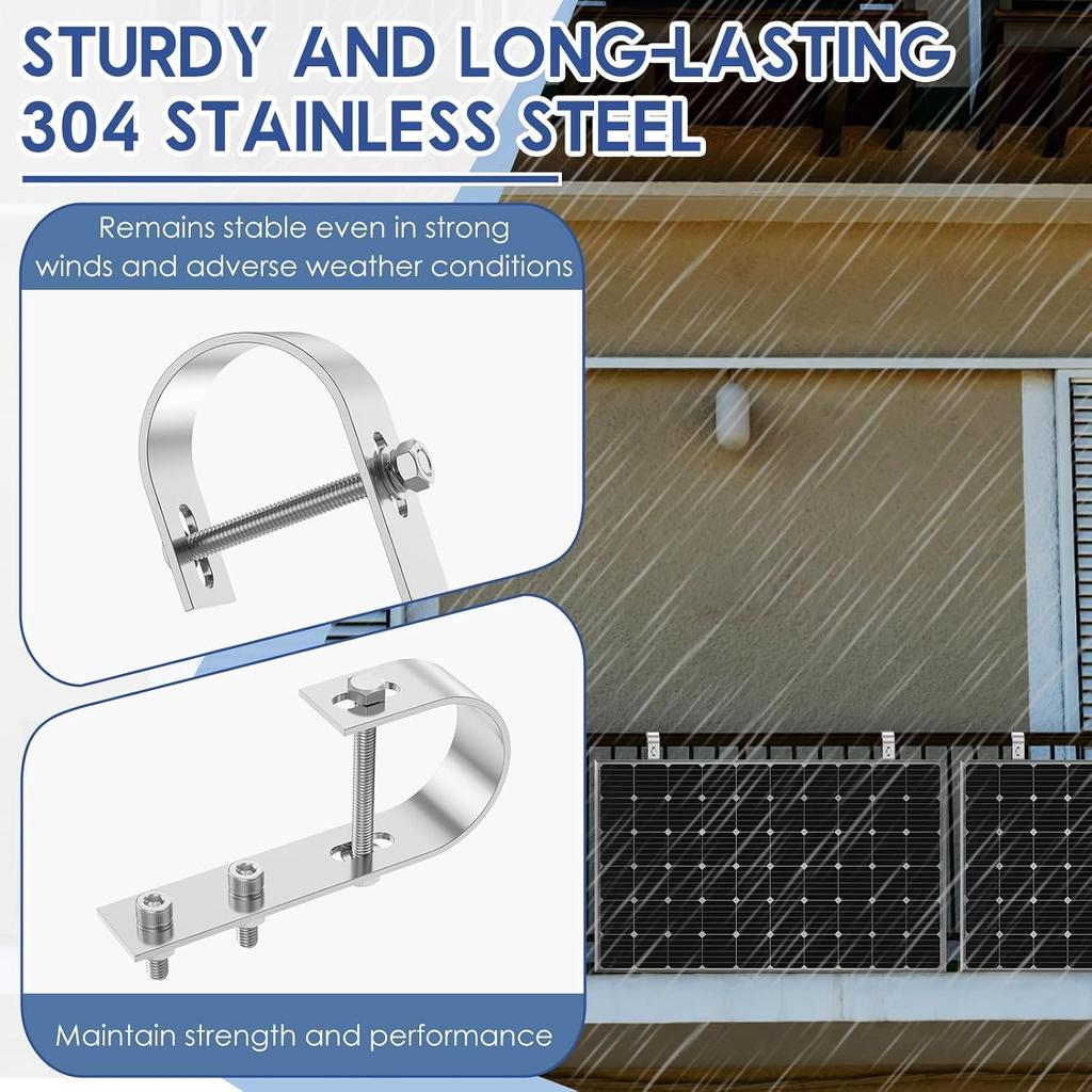 Solarpanel Balkonhalterung, 2er-Pack 304 Edelstahl Solar Montaghaken für Geländer, Bohrerfreie Universelle PV-Modulbefestigung mit Montage