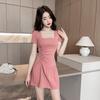 Black Square Neck Mini Dress Womens French Chic A-Line Wrap Waist Short Sleeve