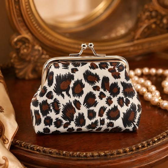 Leopard Print Coin Purse Fabric Change Purse Retro Kiss Lock Coin Pouch for Cash