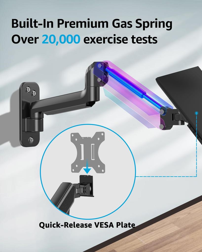MOUNTUP PC Monitor Wall LCD Display Gas Compatible with Load Capacity Arm VESA75mm Vertical and Horizontal Angle Adjustment Arm, Mounted, Arm, Spring,