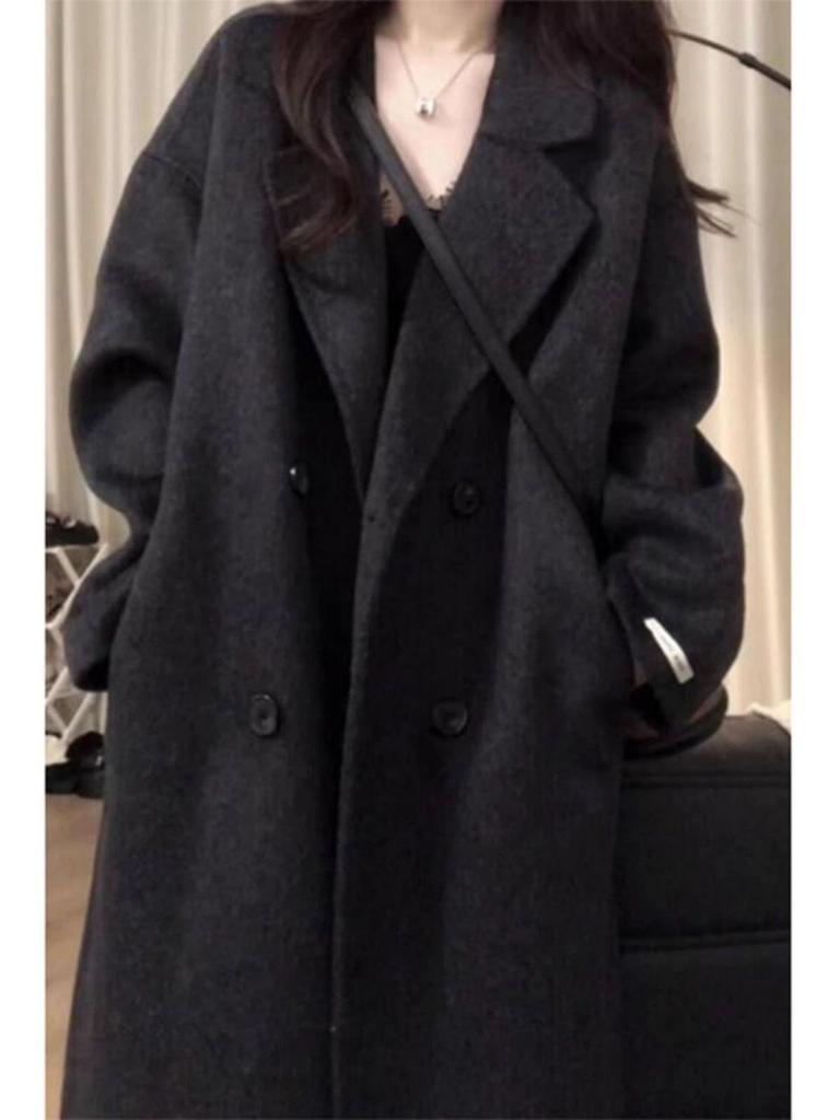 Women's Korean Style Double-Sided Wool Coat - Fashionable, Loose, Slimming, Versatile, Mid-Length, Lazy Style