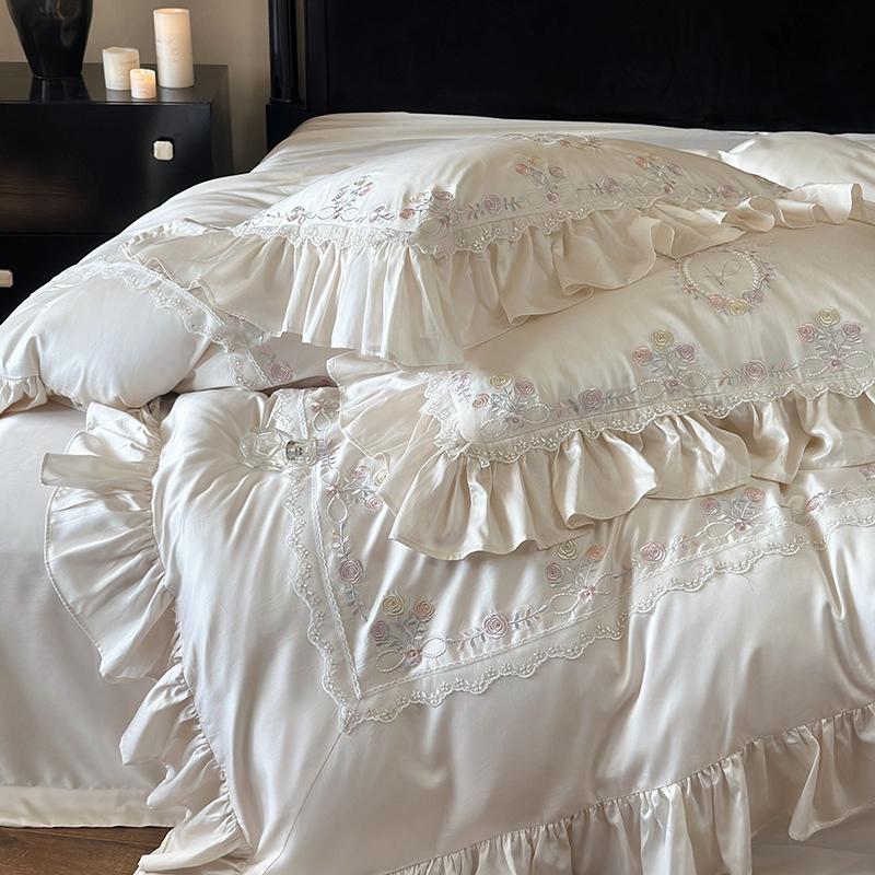 Juego de Ropa de Cama Suave y Sedoso de Fibra de Bambú Lyocell 800 Hilos Bordado Floral Rosa Volantes de Encaje Funda Nórdica Sábana Plana/Bajera Fundas de Almohada