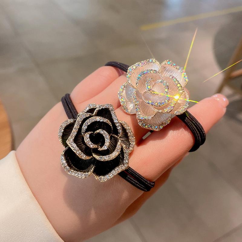 1 Stück Niedliche Blume Rutschfestes Nicht-Ziehendes Haaraccessoire Damen Elastisches Stirnband mit Diamant-Kamelien-Haargummi