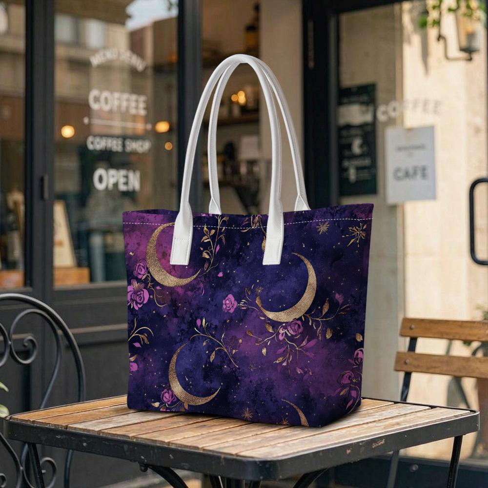 Purple Moon Floral Print Tote Bag for Women Fashion Casual Daily Use Large Capacity Portable Shopping Shoulder Bag