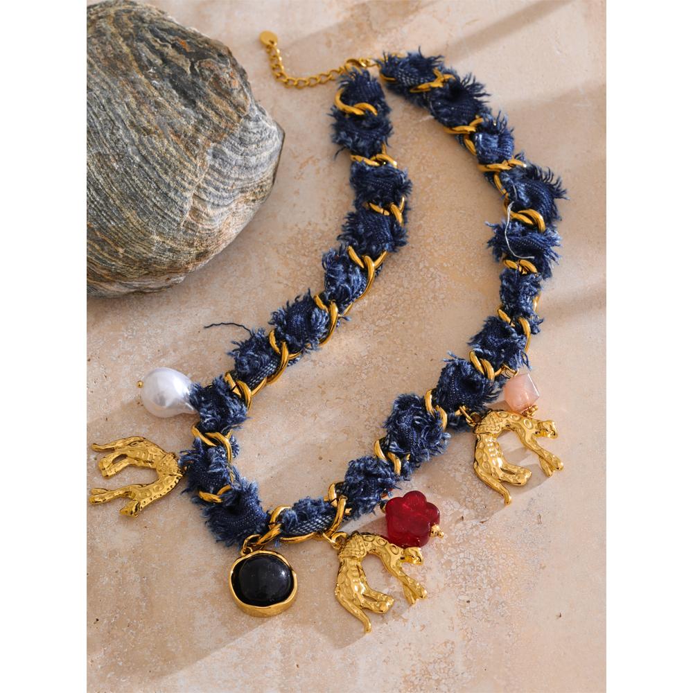 Eetit Statement Blauer Denim Kette Perle Acryl Blume Tropfen Anhänger Halskette Edelstahl Vintage Herbst&Winter Kragen Schmuck