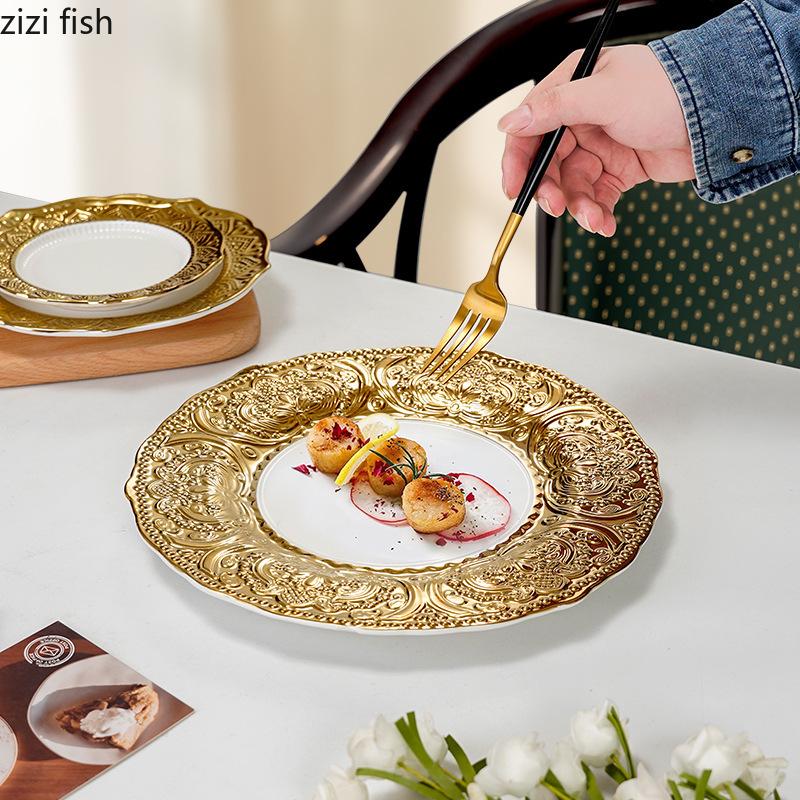 Vergoldete Keramik-Dessertteller mit Goldrand, Steakteller, Pastateller, Essteller, Obstsalatschale, Sushiteller, Sting Disc