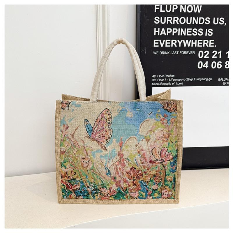New Women's Hand Linen Bag Butterfly Gold Silk Jacquard Embroidered Shoulder Bag Ethnic Style Large-capacity Tote Bag