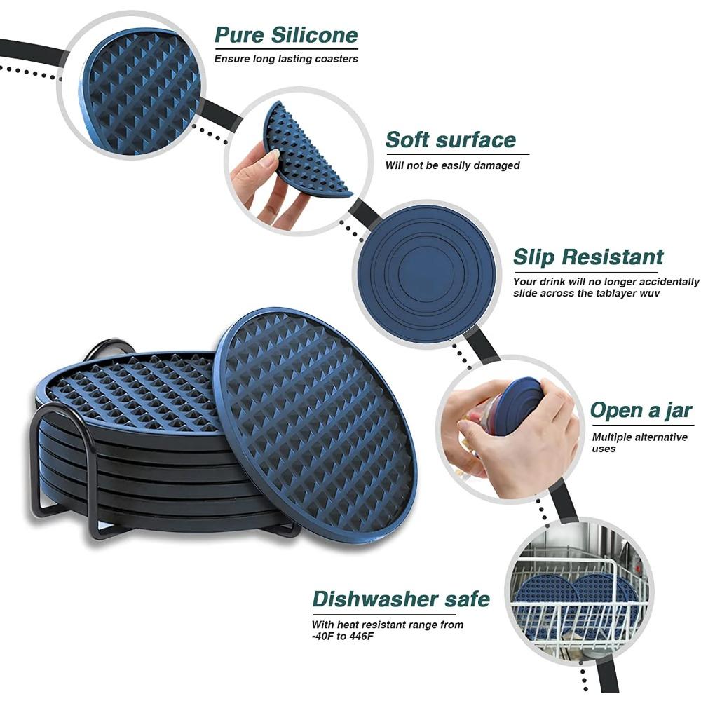 Silicone Drink Coasters with Metal Holder, 6-piece Drink Coasters - Absorb Moisture and Prevent Table Damage, Black Silicone Coasters