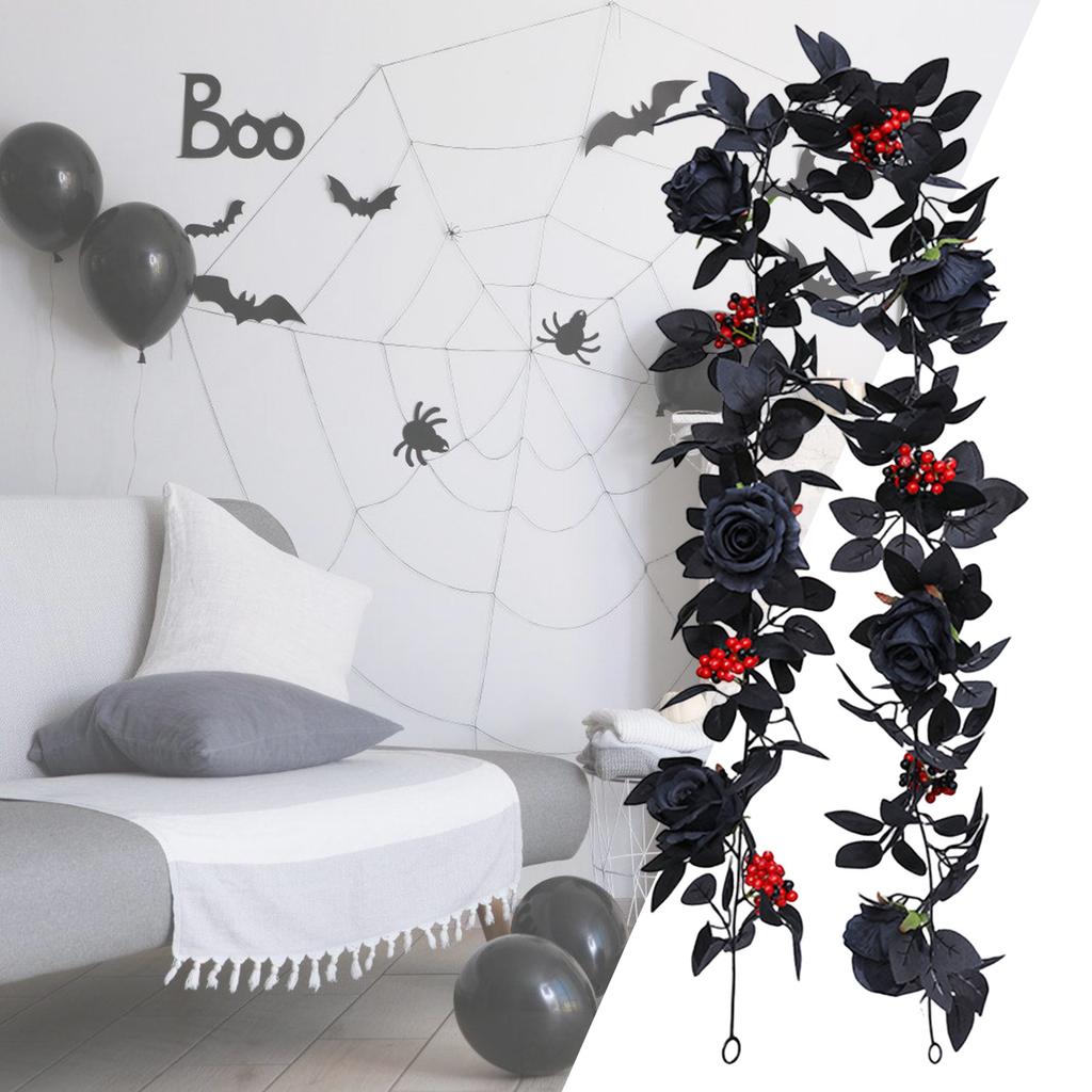 Artificial Black Rose Vine For Halloween Decor Vintage Faux Flowers Decor Red Berries Plant Garland For Outdoor Home Wall Decor