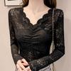 V-neck Crocheted Lace Base Shirt for Women in Autumn and Winter Is Sexy and Stylish. Pair It with A Mini Shirt and A Slim-fitting See-through Top