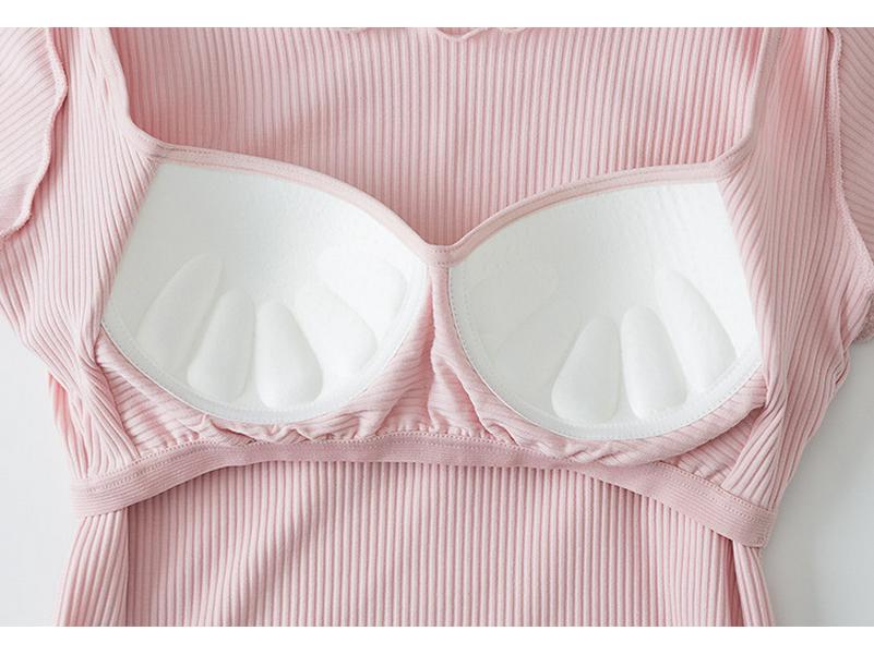 Ruffled Short-Sleeve Bra-Free T-Shirt with Integrated Breast Pads