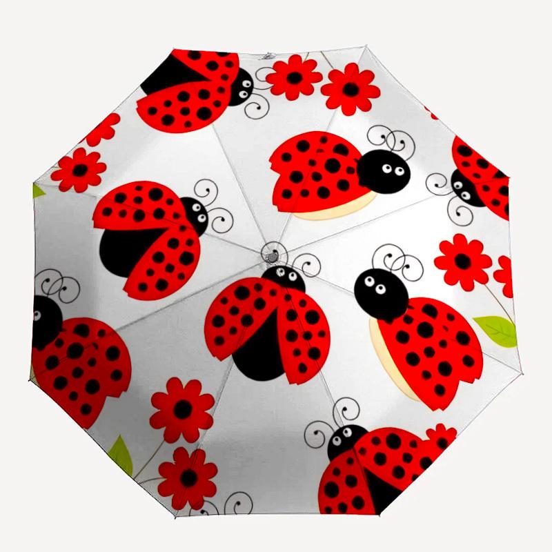 1pc Ladybugs Flowers Automatic Folding Umbrella - Windproof Compact Travel Umbrella with Auto Open/Close, 8-Rib Heavy-Duty Shaft for Women/Men A033