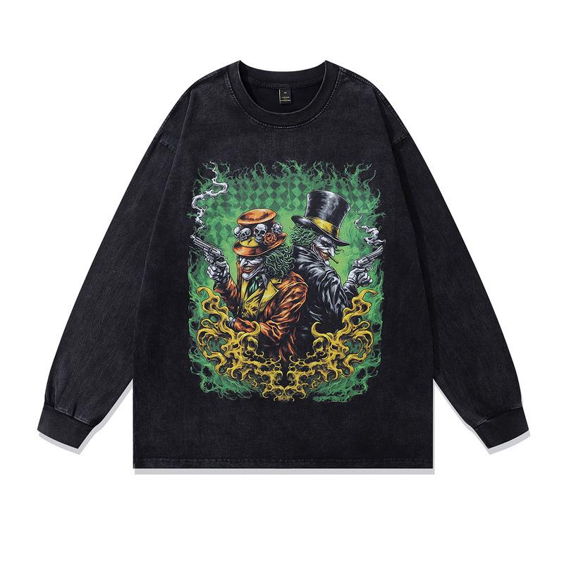Washed And Polished Old Round Neck Pullover Sweater American High Street Doberman Print Retro Long-Sleeved T-Shirt Men