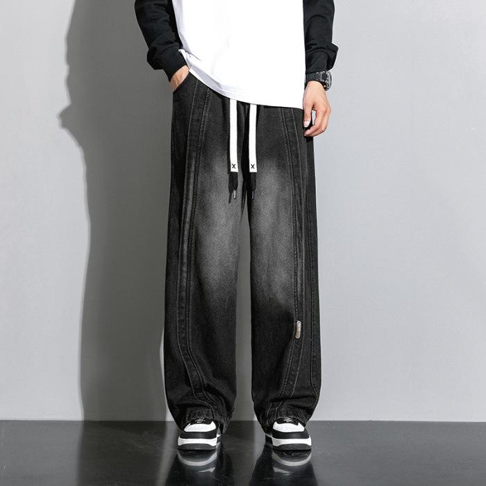 Jeans American Street Retro Elastic Waist Denim Men's Loose Straight Wide-leg Trousers