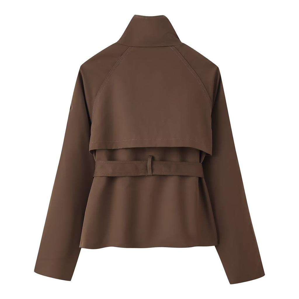 Women's Cropped Trench Coat Double Breasted Short Jacket High Collar Fall Winter Coats Trendy Outfit With Belt