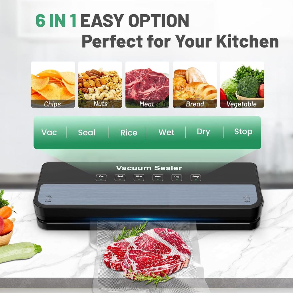 MAXDONE Vacuum Sealer Machine Food Vacuum Sealer for Food Storage Food Sealer Machine 6-in-1 for Dry/Moist Modes, Compact Design with 10 Vacuum