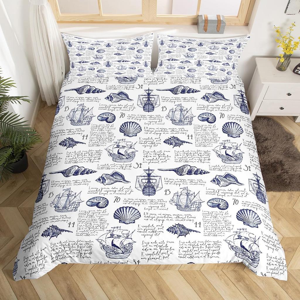 Ocean Coastal Bedding Duvet Cover Set Queen Size  Set Conch Seahorse Starfish Coral 3 Pcs For Kids Girls Boys Woman Room Decor