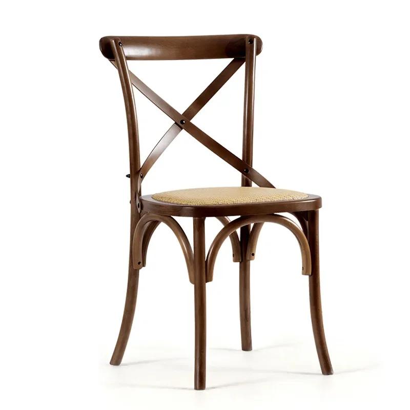 Vintage French Style Solid Wood Dining Chair with Rattan Seat and Fork Back