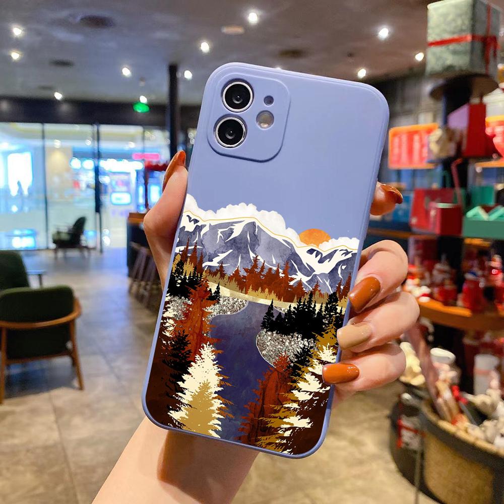 

Роскошный квадратный жидкий силиконовый чехол с пейзажем с ручной росписью для iPhone 14 11 12 13 Pro Max Mini X XS XR 7 8 Plus SE2 DIY чехол iPhone 13