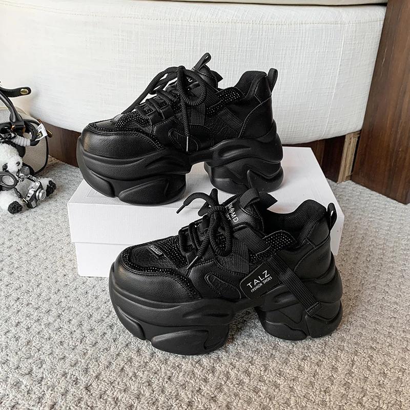 Fashion 8.5CM Microfiber Leather Women Casual Chunky Shoes New Autumn High Platform Wedge Heels Sneakers Outdoor Skateboard Dad Shoes