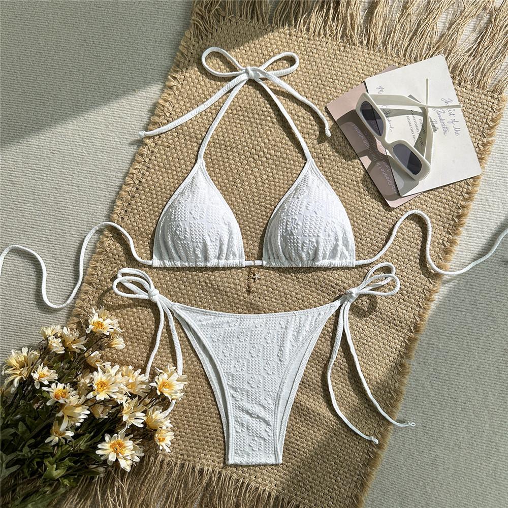Розовый Цветочный Тиснение Однотонные Купальники Халтер На Шнурках Треугольный Бикини Микро Стринги Сексуальный Купальник Женский 2026 Купальный Костюм Бикини Комплекты S белый