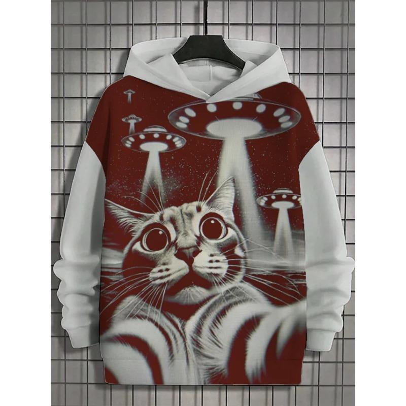 

Веселая японская модная мужская толстовка с капюшоном в стиле Харадзюку, повседневная толстовка y2k, мужская осенне-зимняя спортивная толстовка с капюшоном с рисунком «Котенок-планета» 3XL