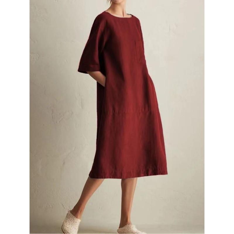 Solid Color Casual Round Neck Mid Sleeve Pocket New Dress Summer