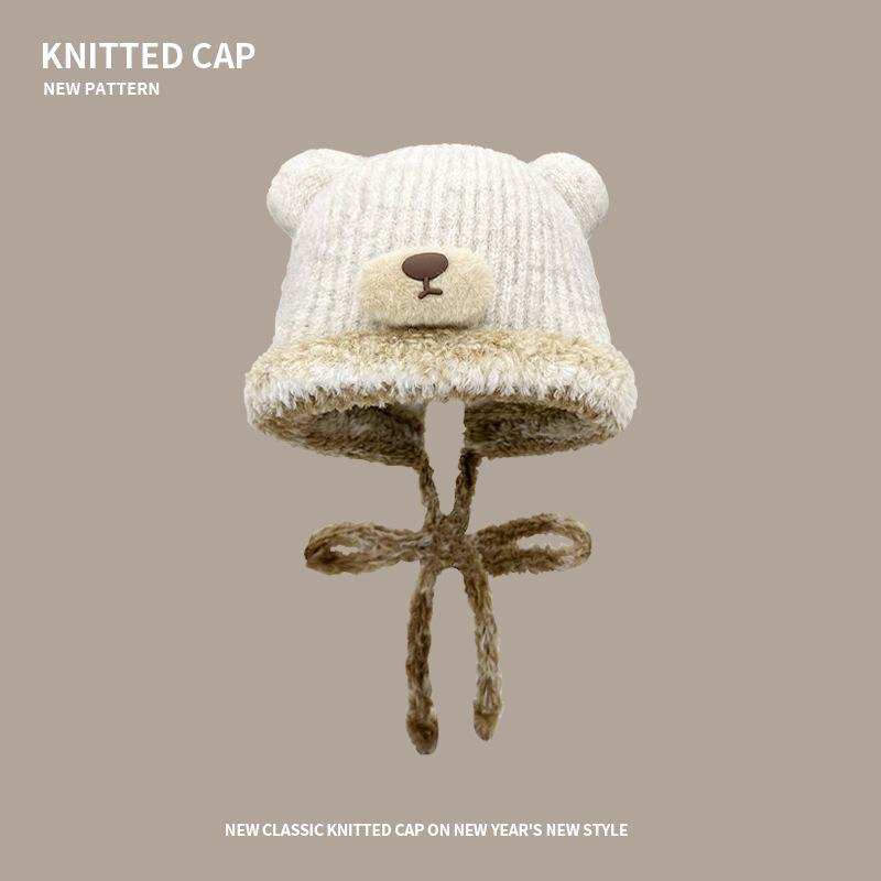 Bear Knitted Hat for Women, Winter Korean Style Versatile Thickened Woolen Hat, Ear Protection for Riding, Cold-Proof Lei Feng Hat