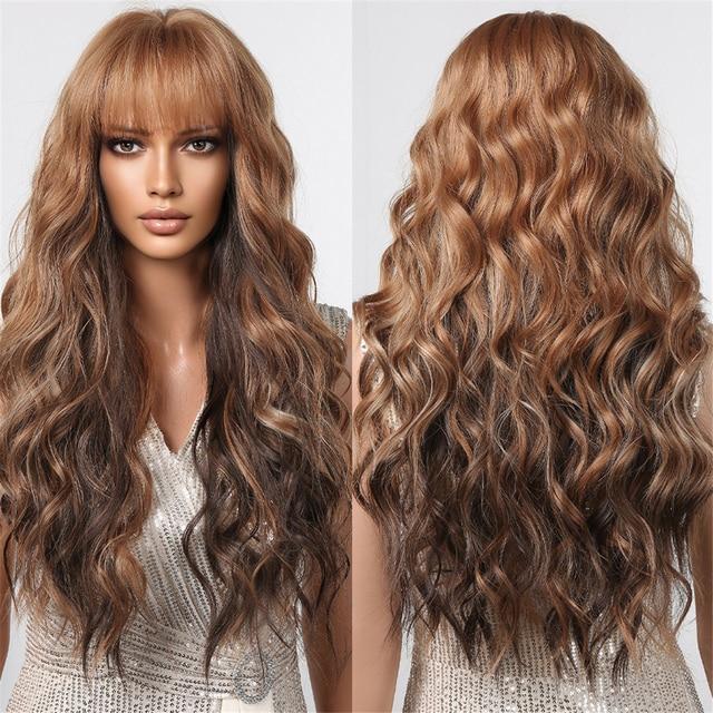 Wine Red Long Wavy Synthetic Wig High Temperature Natural Wig with Bangs Colorful Party Cosplay Hair for Black Women