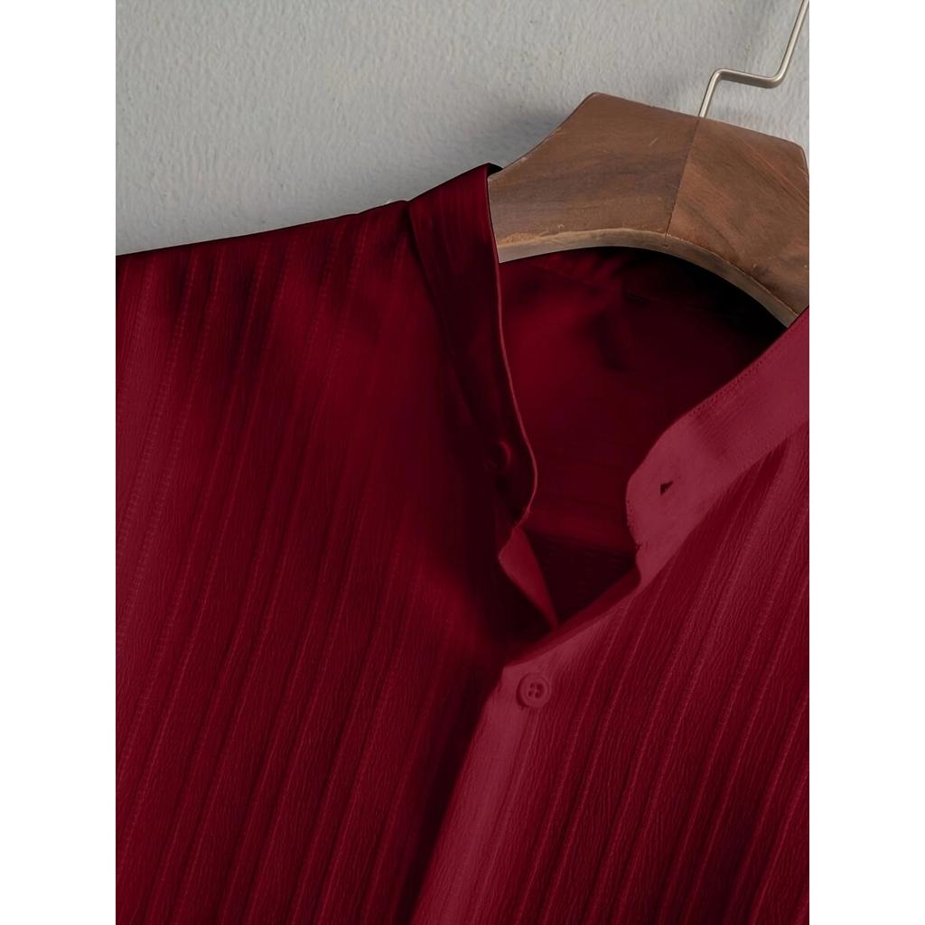 Men's Button Textured Casual Striped Short Sleeved Shirt and Elastic Straight Leg Pants Set, 2-piece Set