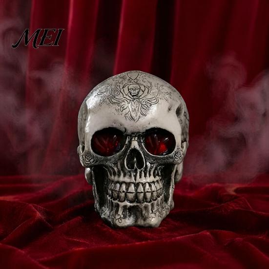 Halloween Party Zubehör Harz Totenkopf Figur, Realistisches Menschliches Kopfmodell, Gruselige Feiertagsgeschenk für Horrorfans Statue Innen Kamin Küche Gotisch