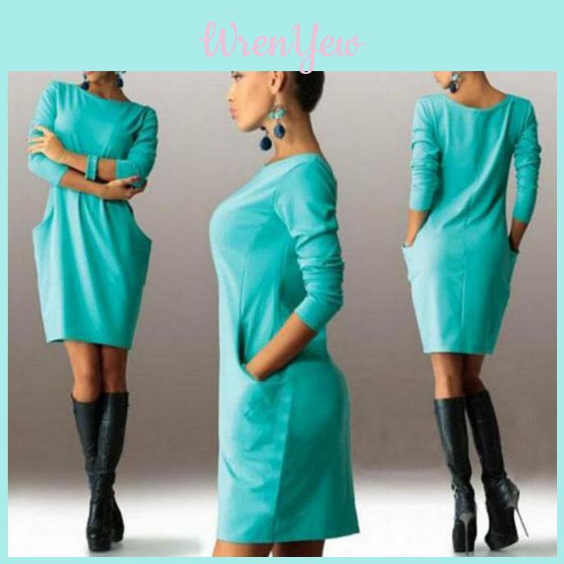 Elegant Summer Solid Casual O Neck Long Sleeve Bodycon Dress With Pockets