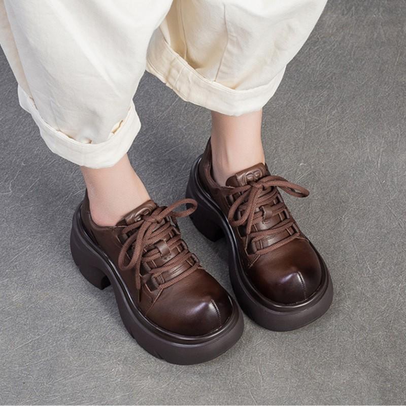 Johnature Genuine Leather Thick Soled High Heel Pumps Versatile Retro Round Toe Lace-up Women's Platform Shoes