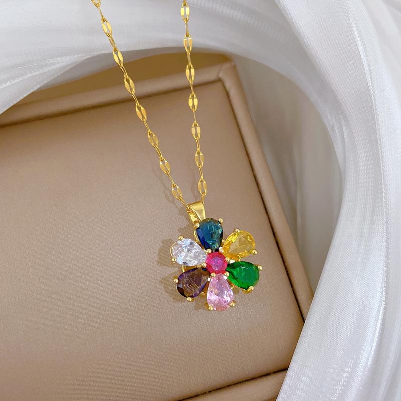 Sweet Rotatable Colorful Zircon Flower Pendant Necklaces for Women Trendy Stainless Steel Chain Flower Jewelry Anniversary Gifts