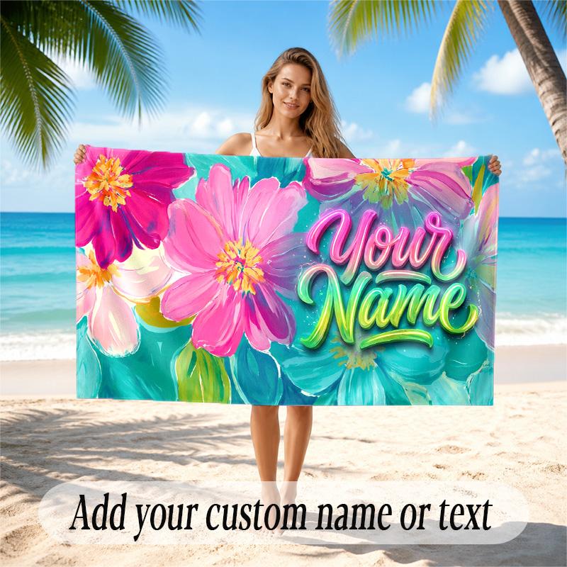 Floral Garden Theme Quick Dry Beach Towel Custom Name Text Print Large Sand Resistant Towel Beach Vacation