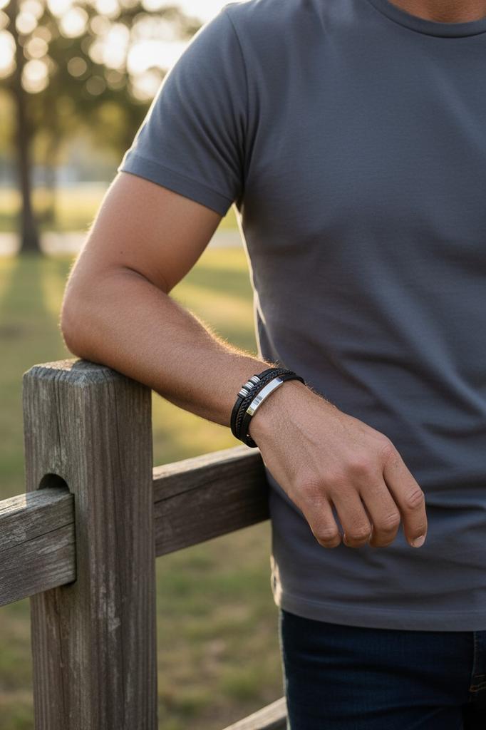 Men' leather bracelet black ethnic rope magnet gift