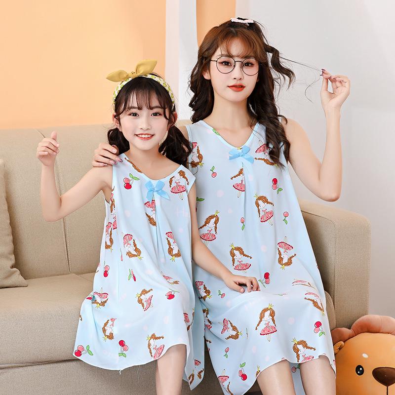 Mother-Daughter Cotton Silk Sleeveless Nightgown for Girls: Wide Shoulder Home Dress