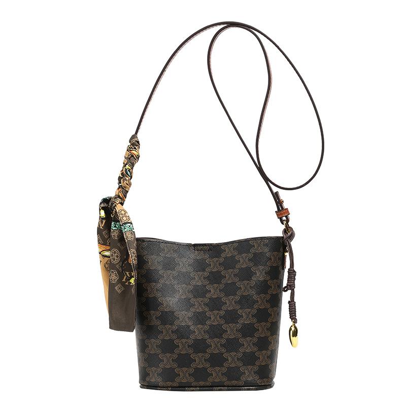 Light luxury retro old flower bucket bag large capacity high-end women's bag fashion light luxury women's shoulder messenger bag