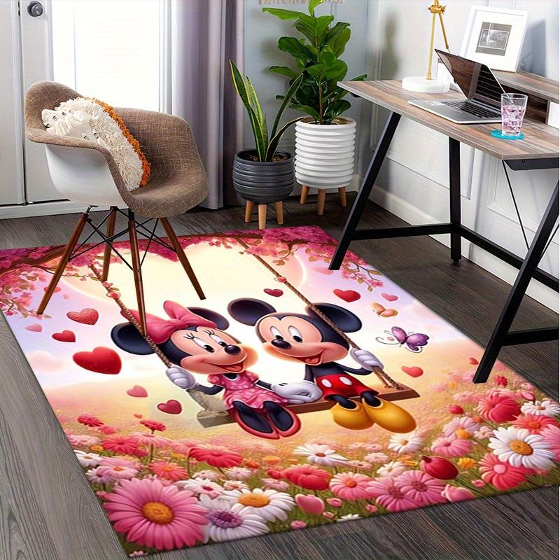 Office Carpet, Desk Under Mat, Gift for Home Decor, Romantic Mickey Mouse and Minnie Mouse Swing Scene with Hearts and Flowers