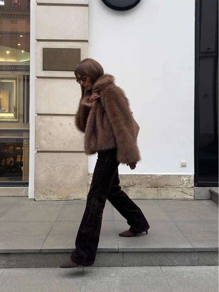 Khaki Faux Fur Long Sleeve Coat - 2025 European/American Autumn/Winter Fashion, Turn-Down Collar, Versatile Style.