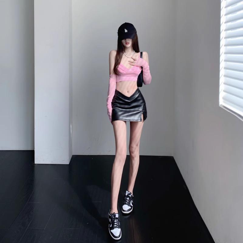 Retro American Low Waist Bodycon Mini Skirt with Slit