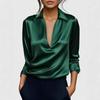 Women's Turn Down Collar Long Sleeve Deep V Neck Solid Satin Elegant Office Blouse Casual Daily Shirt