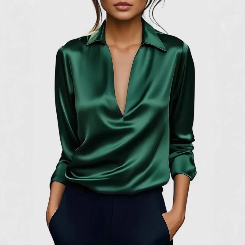 Women's Turn Down Collar Long Sleeve Deep V Neck Solid Satin Elegant Office Blouse Casual Daily Shirt