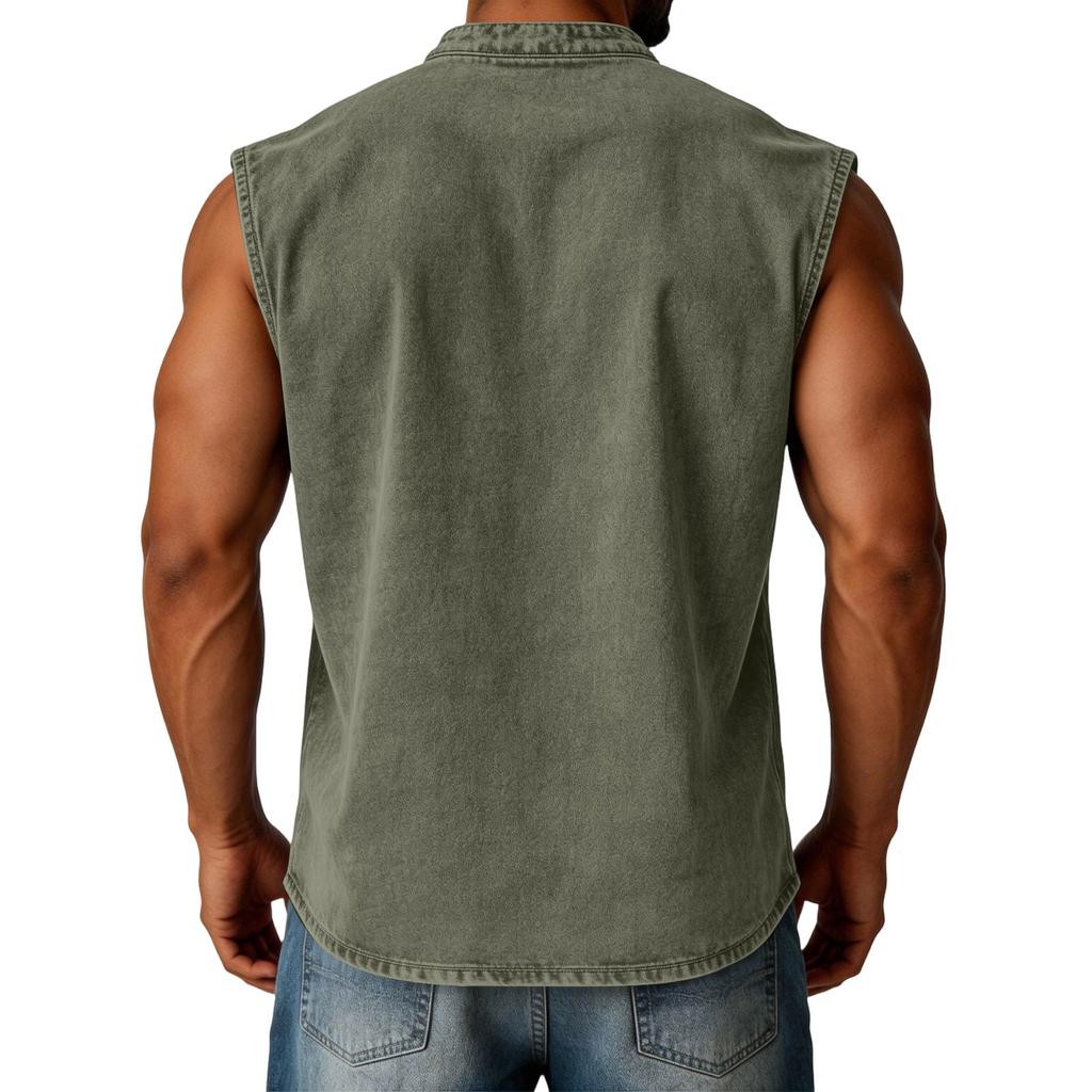 Men's Summer Fashion Distressed Denim Shirt. Men's Casual Sporty Sleeveless Button-down Vest.