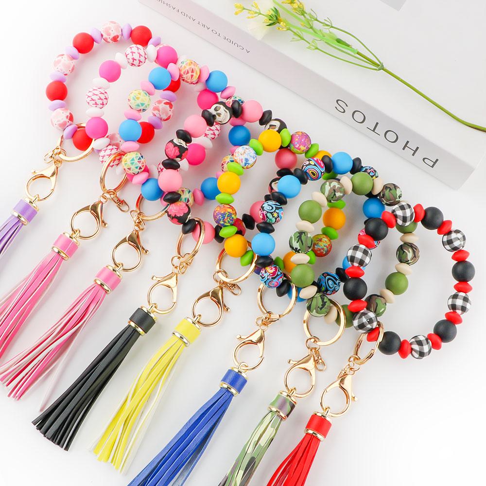 New 60Pcs/Box Leather Keychain Tassels Silicone Bead Round Hexagon Lentil For Jewelry Making DIY Keychain Bracelet Accessories