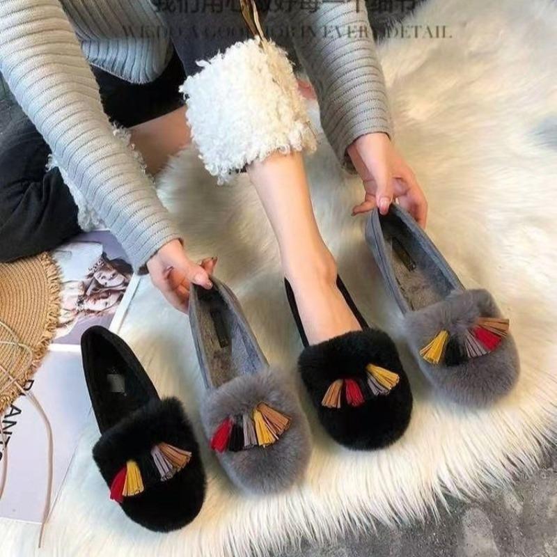 Tassel thick-soled fluffy shoes women's winter new outer wear velvet imitation rabbit fur one pedal Doudou shoes warm cotton shoes