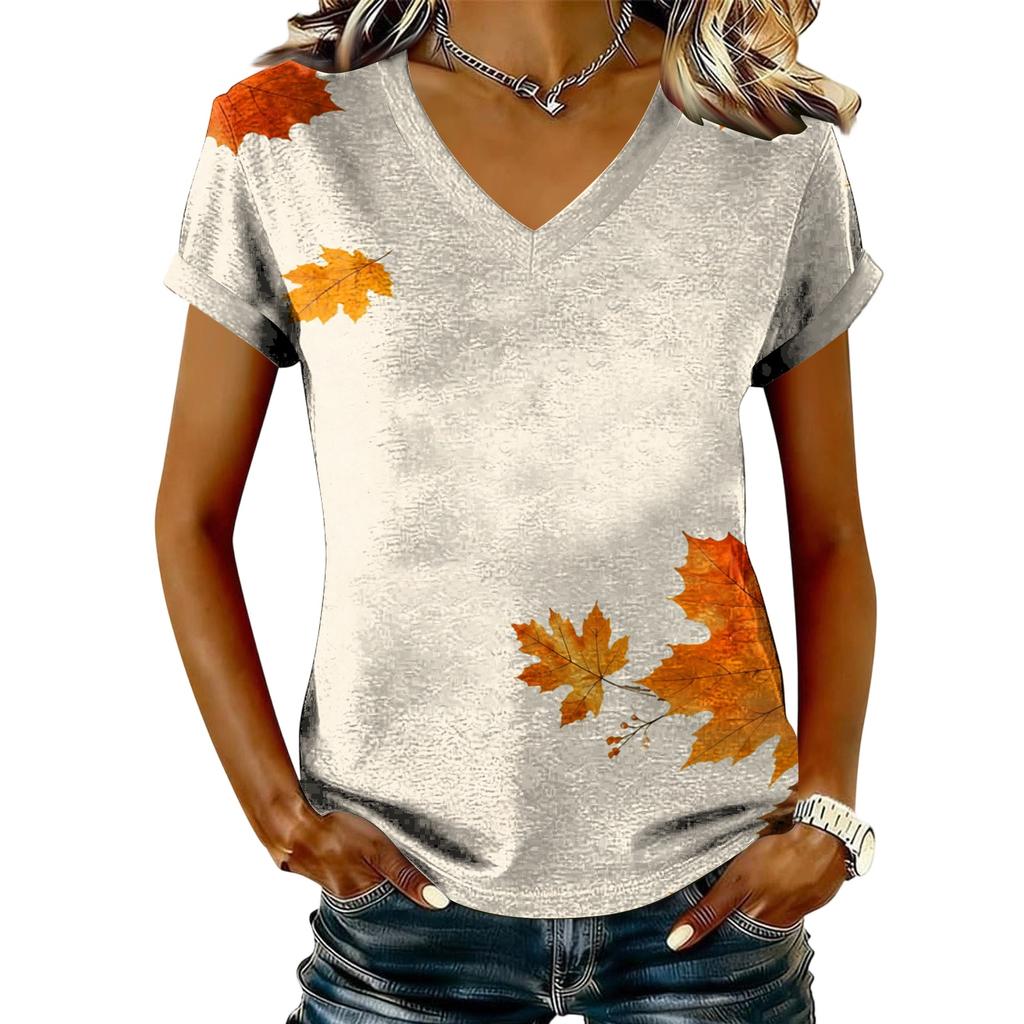 Women's Casual V-Neck Short Sleeve Top with Maple Leaf Print