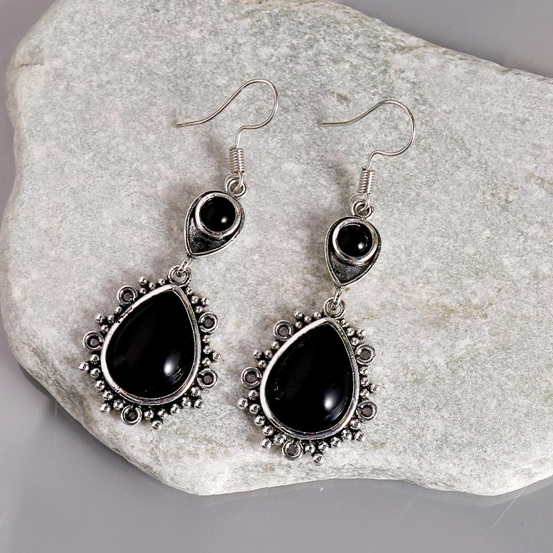 

Vintage Black Stone Drop Earring Jewelry Geometric Triangle Hollow Ear Jewelry For Women Girls