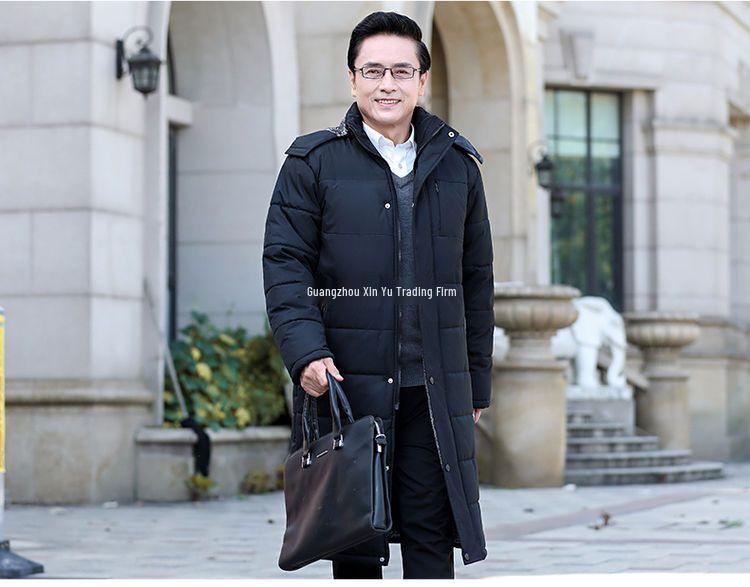 Extra Long Winter Jacket for Middle-Aged & Elderly Men - Thickened, Fleece-Lined, Grandpa Style, Warm Cotton Padded, Over-the-Knee Design