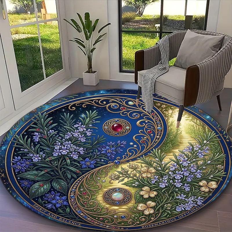 1pc Office Carpet, Blue Gold Balance Floral Visions Chair Rug, Living Room Printed Round Rug, Home Chair Floor Mat